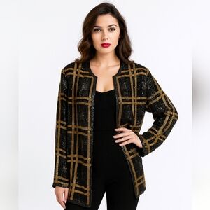 Vintage Silk‎ Beaded Evening Jacket Size 22W Gold Black Plaid Valerie Stevens